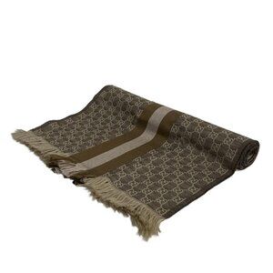 Gucci Shawl Dark Brown Gray Beige Khaki GG Pattern Wool Silk